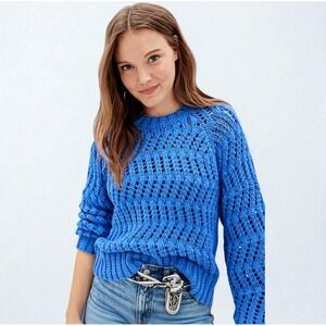 American Eagle Blue Crochet Open Knit Chunky Sweater Medium Oversized Relaxed